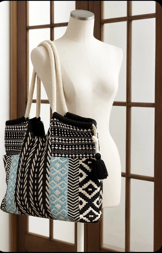 Шикарный черный и синий геометрический сумка с короткими ручками сделано в Индии размер OS - Изображение 1 из 4