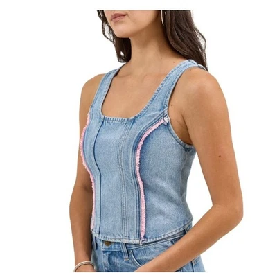 Nueva camiseta sin mangas Lee Denim corta con ribete rosa deshilachado cremallera trasera jean talla XS Foto 1 de 4