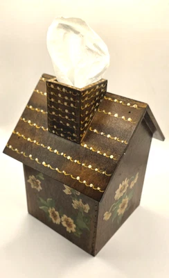 Adorable Hand Painted Wooden Tissue Box Holder Cottage Chic Florals Chimney - Image 1 of 4