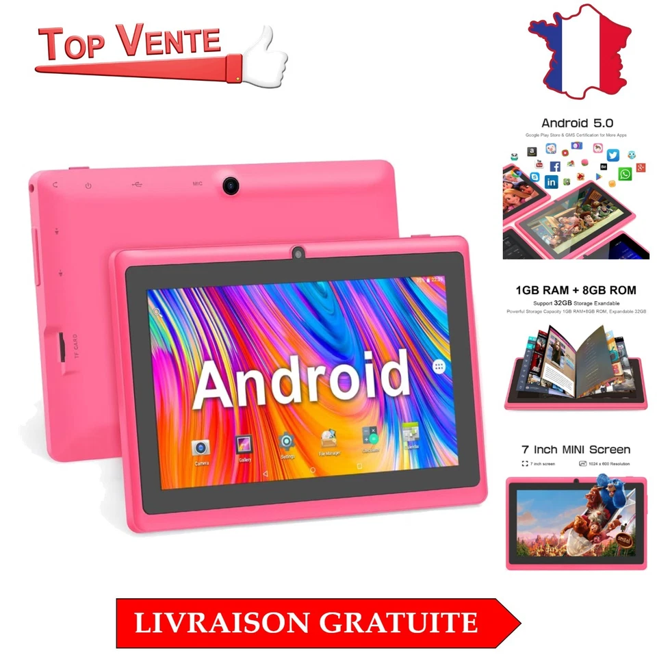 Tablette 7 Pouces 1Go RAM 8Go ROM - Android avec Caméras et Connectivité - Rose - Photo 1/4