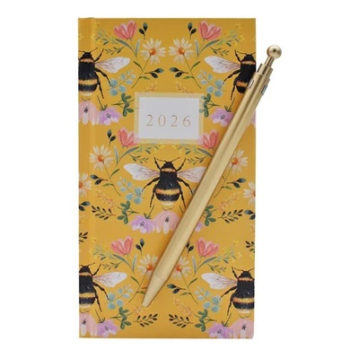 TALLON 2026 Slimline Week To View Diary and Pen Gift Boxed - Yellow with Bees