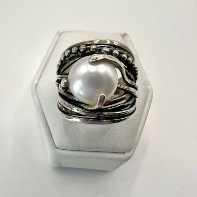 "Anillo de perlas banda de cigarros con cuentas Israel plata de ley 925 talla 6,75""" Foto 1 de 4