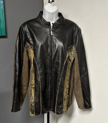 Koos Women’s 1X Leather Mixed Media Zip Jacket Animal Print Tweed Moto Funky - Image 1 of 4