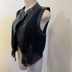 Grunge Black Faux Leather Vest Moto Biker SZ Large Paper Tee Sheer Back Zipper - Picture 1 of 13