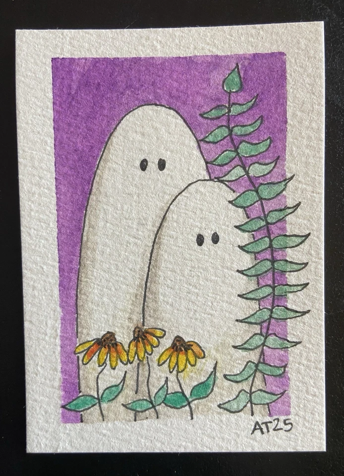 Ghosts with Floral ACEO Original Watercolor and Ink Art Card - Image 1 of 1