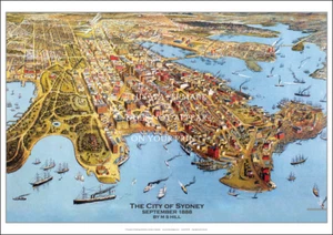 Estampado artístico del centenario de la ciudad de Sydney 1888 - vista aérea estilo mapa - póster de 3 tamaños - Imagen 1 de 4