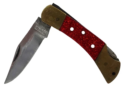 Vintage Mini Folding Pocket Knife Single Blade Red Glitter Handle Brass Ends - Image 1 of 4
