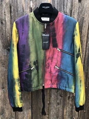 Jaqueta bombardeiro nova com etiquetas $2790 Saint Laurent Paris seda tingida multicolorida tamanho 44 EUA 34 - Imagem 1 de 4
