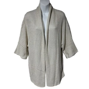 Belford White Metallic Gold Loose Knit Open Front Cardigan Sweater M Longline - Picture 1 of 8