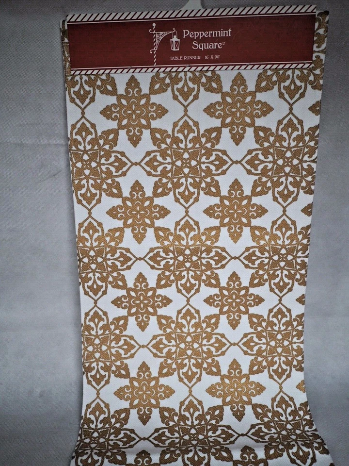 Peppermint Square Fabric Table Runner 16"x90" Gold Color Christmas Decor New Pck - Image 1 of 4