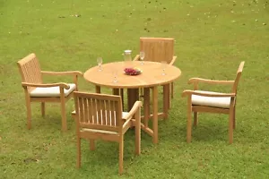5-Piece Outdoor Teak Dining Set: 48" Butterfly Table 4 Stacking Arm Chairs Napa - Picture 1 of 9