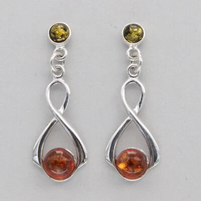 BALTIC AMBER Multi-Color Dangle Drop EARRINGS, STERLING SILVER (Poland) #2307e - Image 1 of 4