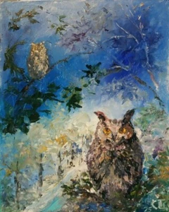 Quadro "Gufi". Olio su cartone. 8x10 inc. Fatto a mano. 2025. Senza cornice. - Foto 1 di 1
