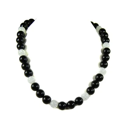 Cadena de Piedras Preciosas Ónix Y Cristal Roca en Forma Bola Ø-12 MM 925 Plata - Imagen 1 de 2