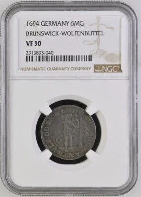 1694 German States Brunswick-Wolfenbuttel. 1/6 Taler 6MG. NGC VF 30 - Image 1 of 2