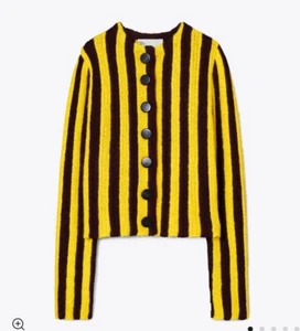 NWT Tory Burch SHRUNKEN RIB WOOL Striped CARDIGAN Size L Black/yellow $798 - Picture 1 of 6