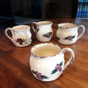Vintage Studio Pottery Mugs Set Of Four Purple Flowers Sponge Pattern Cottage - Picture 1 of 13
