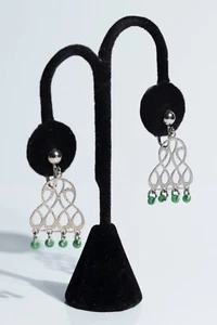 Vintage Fashion Clip-On Earrings - Silvertone Bell Shaped with Green Beads - Picture 1 of 4