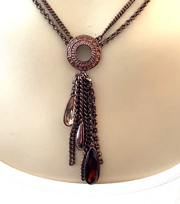 Givenchy Brown Glass Teardrop Rhinestone Tassel Necklace Copper Tone Finish  579 - Image 1 of 4