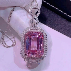 5Ct Emerald Cut Pink Sapphire Cocktail Halo Pendant 14K White Gold GP Free Chain - Picture 1 of 5