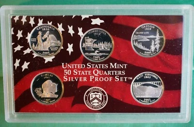 2005 S SILVER State QUARTER Proof 5 Coin Set in Acrylic US State 25 Cents - Image 1 of 3