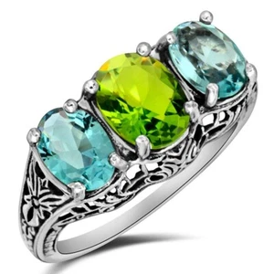 2CT Natural Aquamarine & Peridot 925 Sterling Silver Filigree Ring Sz 9 XB3 - Picture 1 of 4