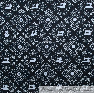 BonEFul Fabric FQ Cotton Quilt Black White Damask Sewing Machine Button Flower S - Image 1 of 4