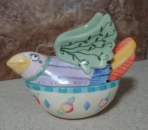 FITZ & FLOYD Colorful Bird Covered Bowl 7"L - Picture 1 of 8