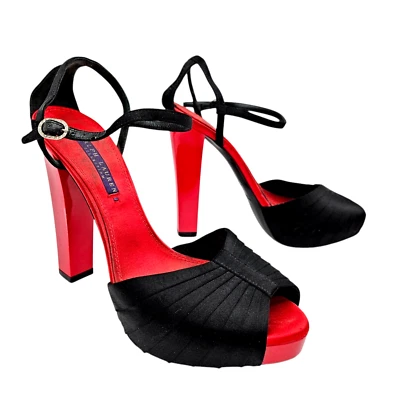 RALPH LAUREN PURPLE LABEL Vintage Black/Red Satin Block Heel Pumps, Size 9 B - Image 1 of 4
