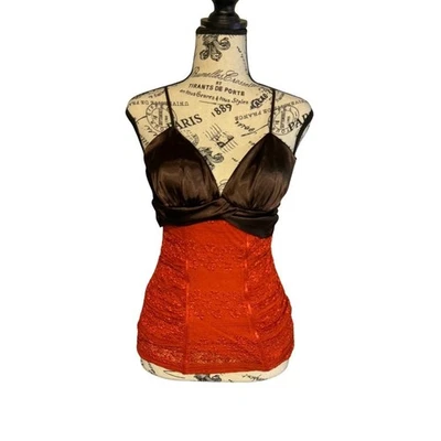 Camiseta sin mangas vintage Y2K XOXO naranja marrón encaje bustier talla mediana fiesta única Foto 1 de 4