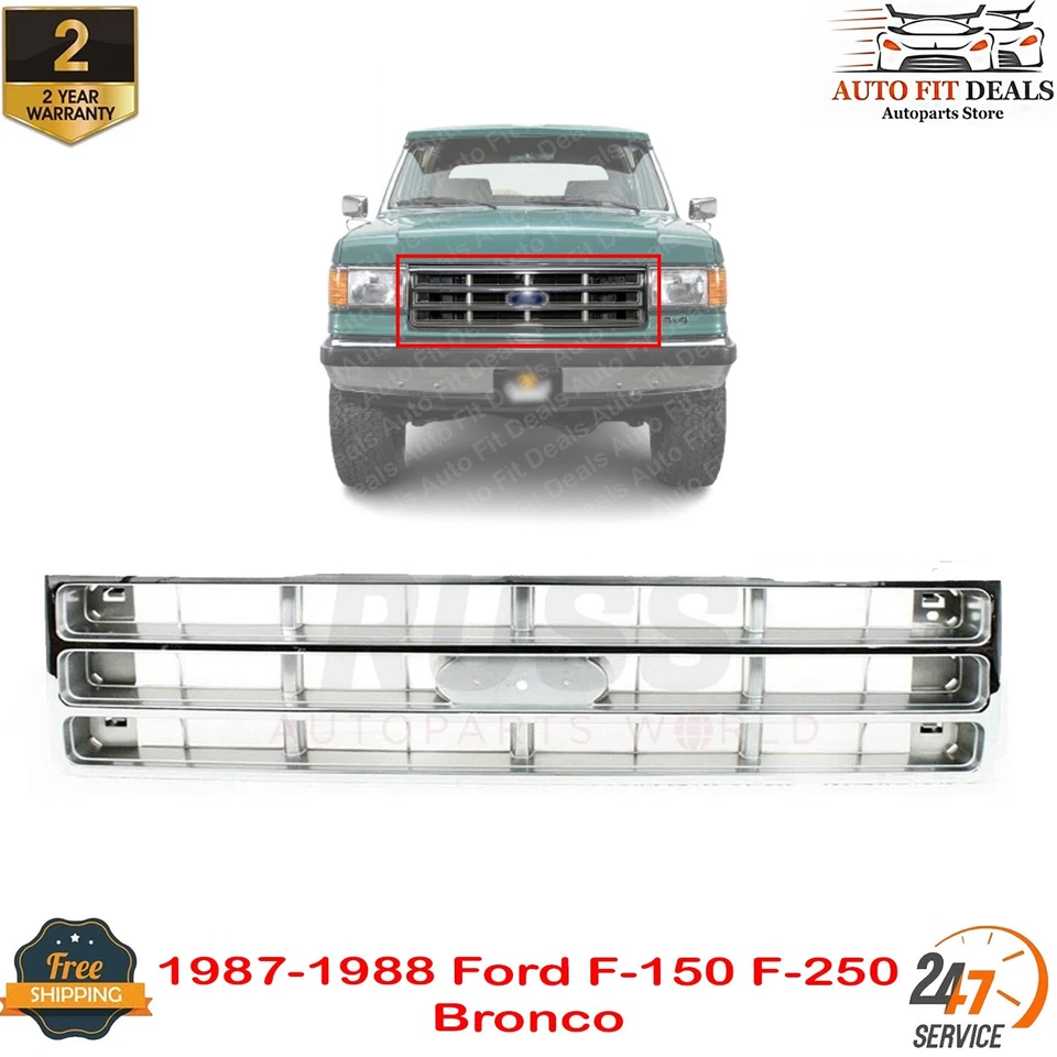 Grelha frontal cromada e prata para 1987-1988 Ford F-150 F-250 Bronco - Imagem 1 de 4