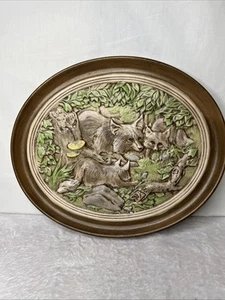 Vintage HOLLAND MOLD - BABY FOXES Oval Plaque - 1973 Chalkware Wall Hanging Fox - Picture 1 of 8