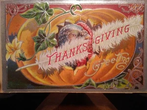 1910 Thanksgiving Greeting Postcard Embossed Pumpkin with Turkey - Picture 1 of 2