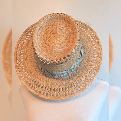 Sombrero de paja vintage de mediados de siglo con banda de sombrero estampada vintage Foto 1 de 4