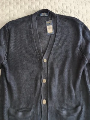 Polo Ralph Lauren Mens 100% Linen Heavy Navy Button Cardigan Sweater Large NWT - Image 1 of 4