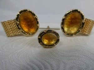 Vtg Swank Cufflinks & Tie Tack Pin Gold Stone & Gold Mesh Wraparound Style - Picture 1 of 6