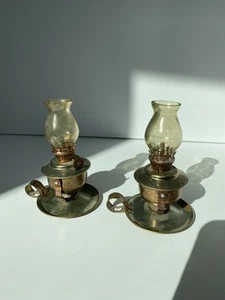 Pair Vintage Mini Copper Oil Lamps w/Chimney Swivel To Wall Hang Hong Kong 4.5” - Picture 1 of 4