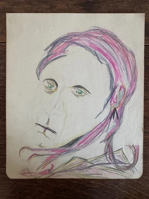 1920's Psychadelic Portrait Woman Multicolor Drawing Pencil on Paper  8 x 9.5 - Image 1 of 4