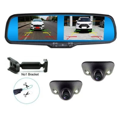 4.3" Dual Split Screen Mirror Monitor Car Front Side Rear View Reverse 2 Cameras - image 1 of 4