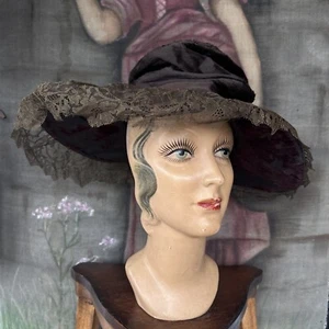 Antique Edwardian Brown Velvet Chantilly Lace Platter Hat Gibson Girl Vintage - Picture 1 of 9