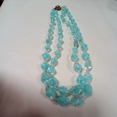 Ancien collier Vintage 2 rangs perles verre inclusions bleu Ciel années 50/60 - Photo 1/3