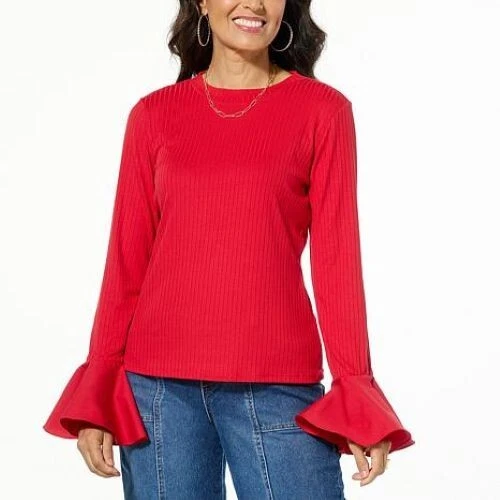 Christian Siriano Red Ribbed Knit Bell Sleeve Top Size M Designer C Wonder New - Image 1 of 1