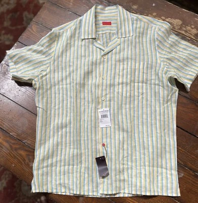 Camisa deportiva de manga corta a rayas azul blanco amarillo de lino para hombre ISAIA $595 Foto 1 de 4