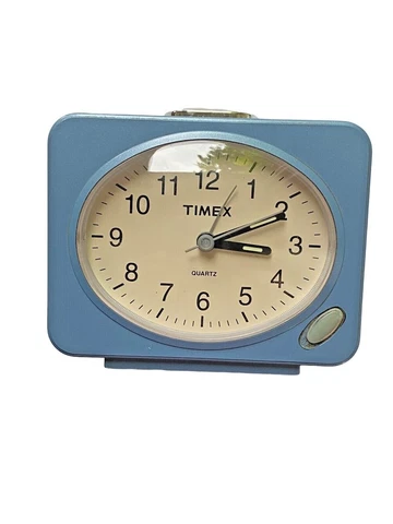 Vtg Timex Quartz Bedside Clock Light Up Retro Blue Chrome Oval Travel Battery Cover