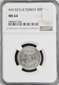 TURKEY - OTTOMAN , 40 PARA 1327/4 AH MOHAMED V - NGC MS 64 TOP POP , RAREC - Picture 1 of 2