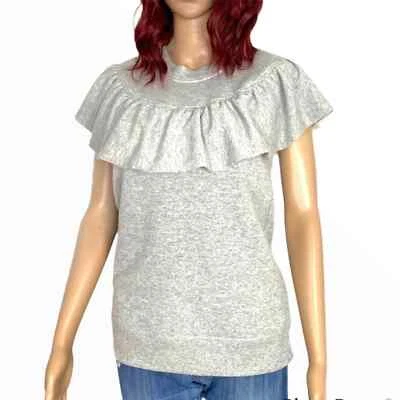 Blusa David Lerner feminina com babado cintilante pequena cinza claro casual fio de lurex - Imagem 1 de 4
