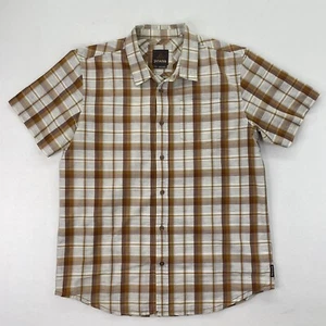 Prana Mens Large L Plaid Button Down Collared Shirt Short Sleeve Orange Organic - Picture 1 of 11