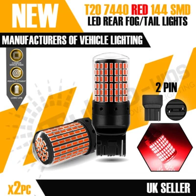 2 x T20 7440 W21W SUPER RED LED LIGHT CANBUS ERROR FREE BRAKE LIGHT BULBS 12V UK - Image 1 of 4