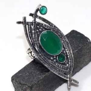 925 Silver Plated Green Onyx Green Topaz Ethnic Ring Jewelry Size US 6.5 AU K017 - Picture 1 of 3