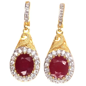 Heated 9 X 11 mm. Oval Red Ruby & White Zircon Earrings 925 Silver Sterling - Picture 1 of 5